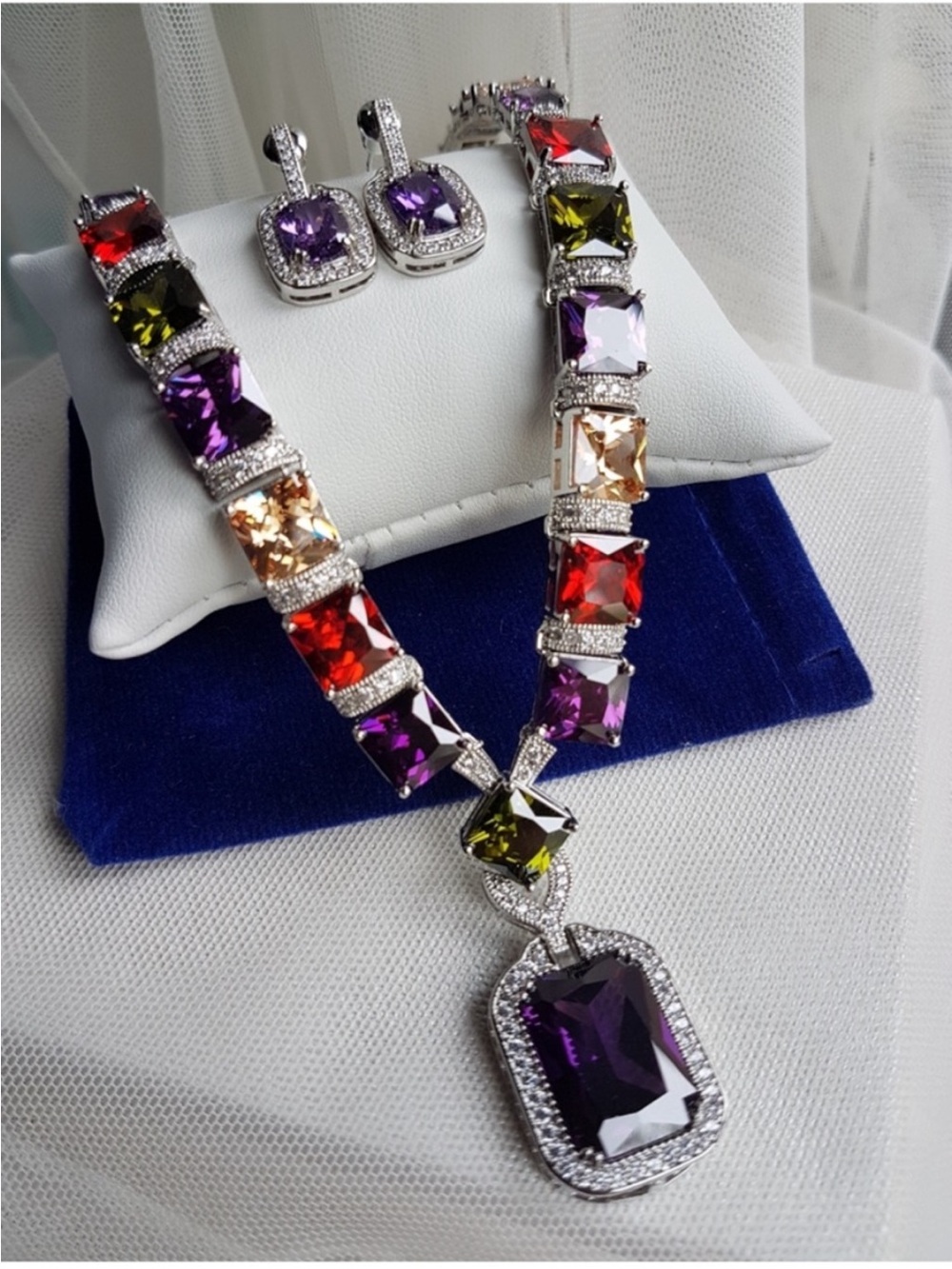 Swarovski Elements Multicolor Amethyst Gem Stone Statement Necklace & Studs NEW